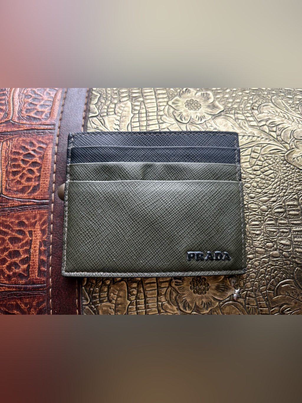 Prada Olive Green And Black Saffiano Leather Card Holder